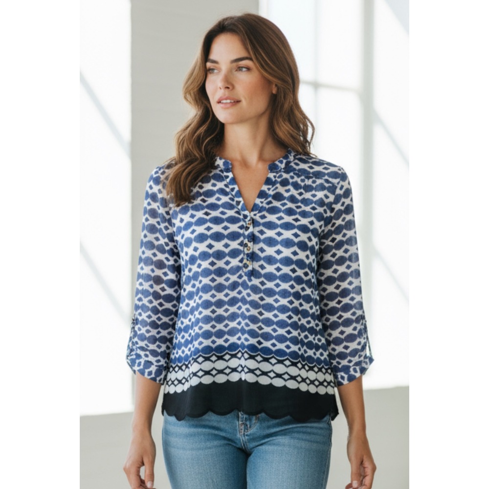 The‎ Limited Blue White Geometric Print 3/4 Sleeve Button Up Blouse Top XS